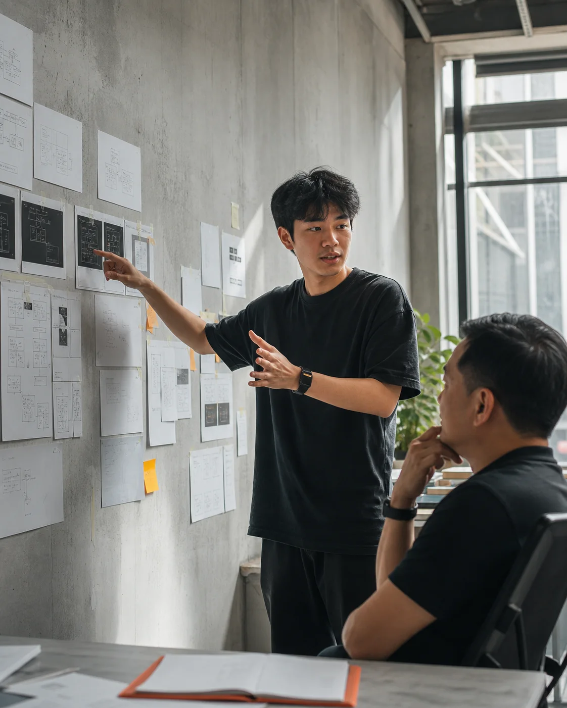 A software engineer explaining a system design during a working session