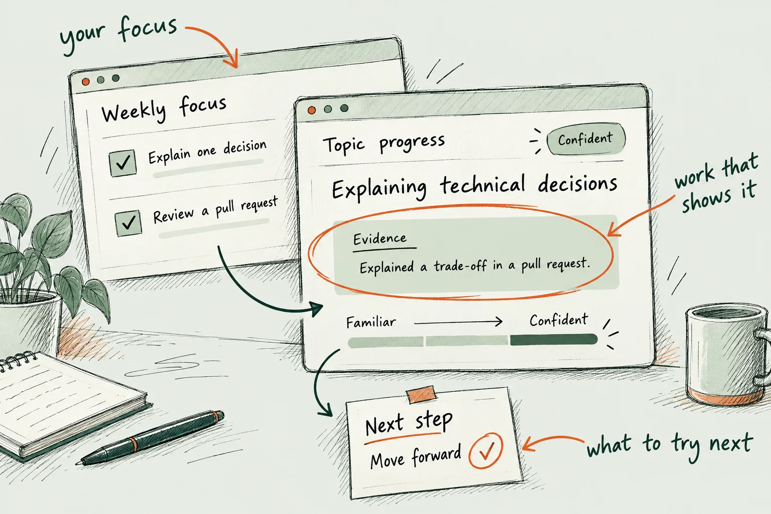 Hand-drawn mentor workspace connecting a sample weekly focus to work evidence, progress from familiar to confident, and the mentor’s next-step decision.